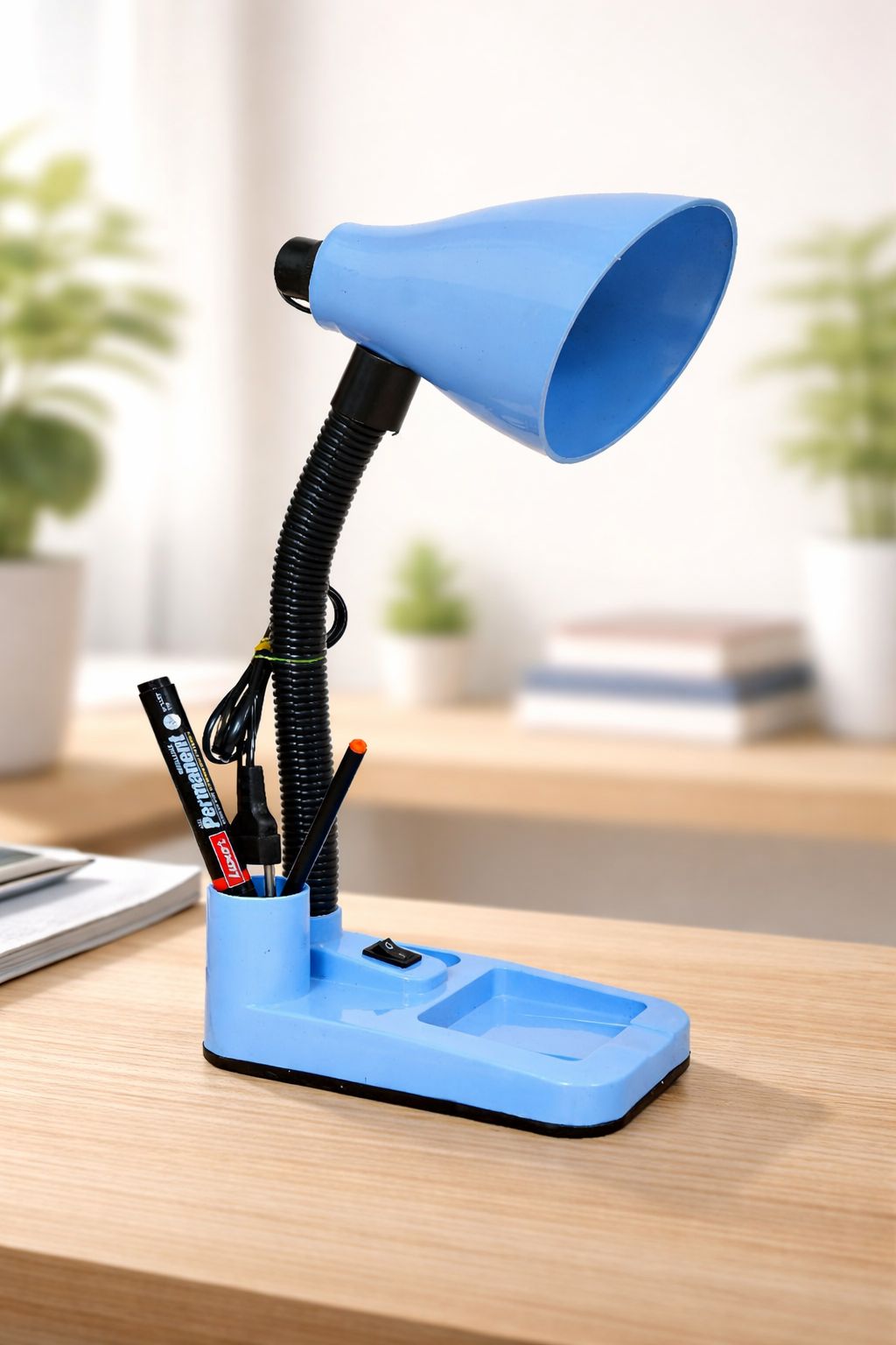 SPARKWORLD Multi-Function Gooseneck Desk Lamp with Pen Holder & Organizer Tray Blue Finish | Size: 15x 30 cm