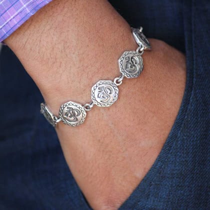 Surya Aum Oxidised Silver Bracelet for Men-7"