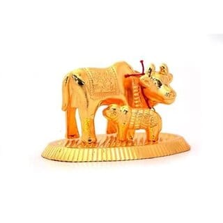 Sparkling Decorative Kamdhenu Cow and Calf Showpiece Set  Elegant Small Size Accent Piece (Golden kamdhenu Cow with calf-18)