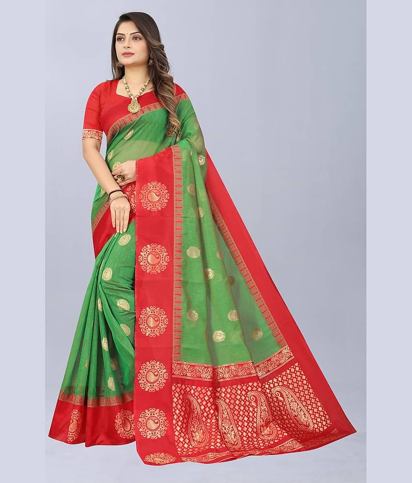 NENCY FASHION Cotton Embellished Saree Without Blouse Piece ( Rani )
