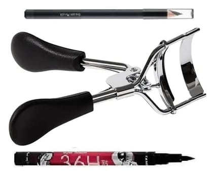 Elecsera Eyelash Curler & 36H Deep Deep Eyebrow Pencil Black Liquid Eyeliner Professional Set of 3 Makeup (3 Items in the set)