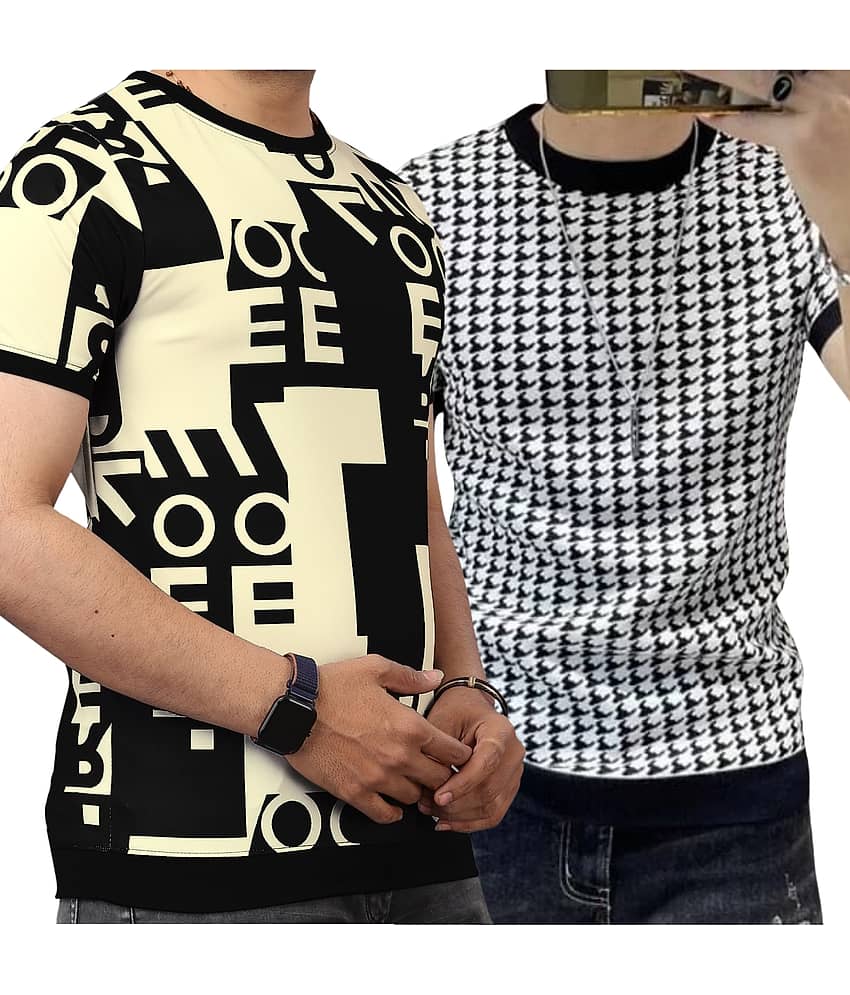 FABRIPPLE Polyester Regular Fit Self Design Half Sleeves Men's Round T-Shirt - Multicolor ( Pack of 2 )