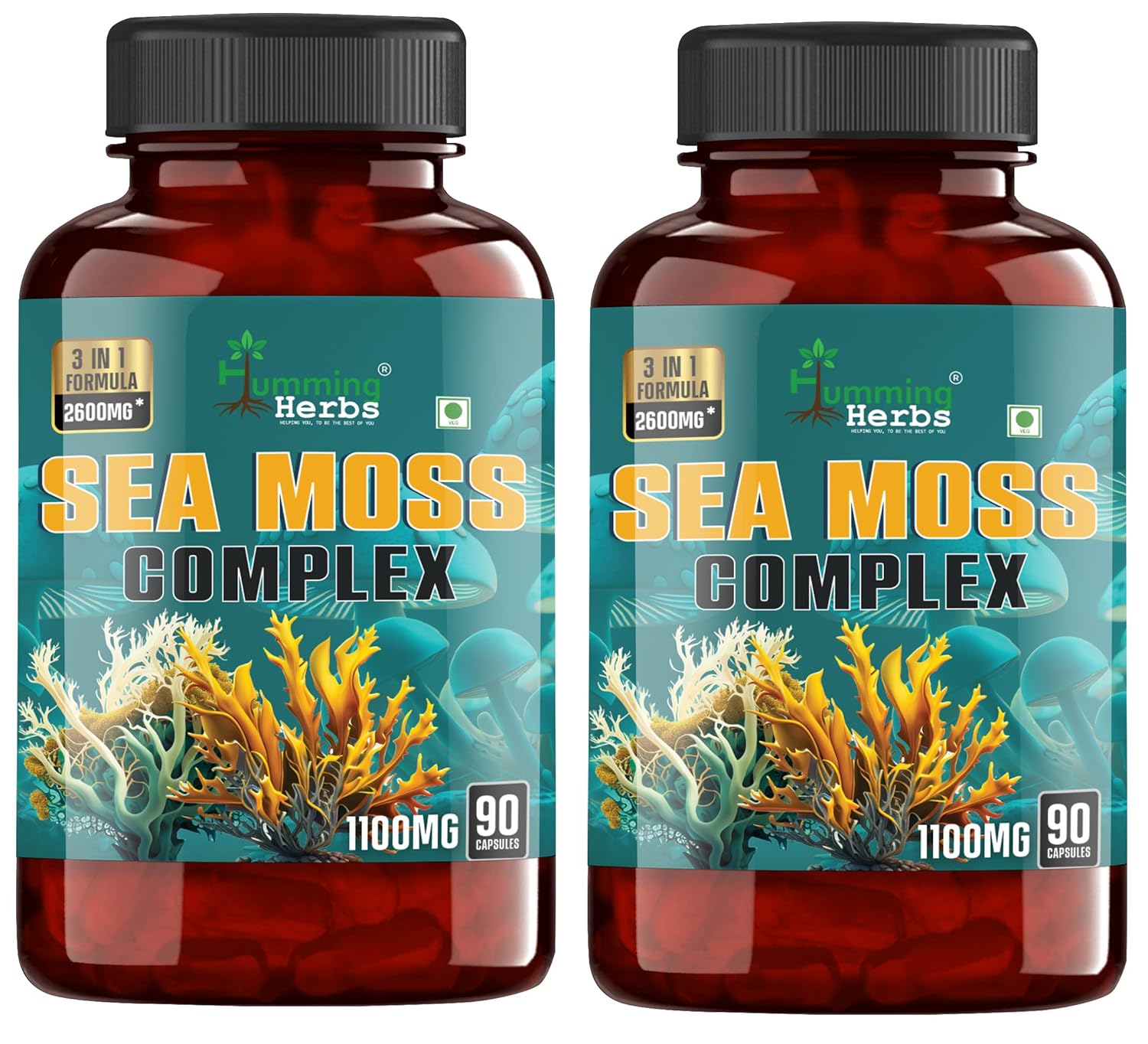 Humming Herbs Sea Moss Complex 2600MG - Supports healthy digestion, Immunity, Skin, Hair & Weight management - Vegan | Gluten Free - Pack of 2