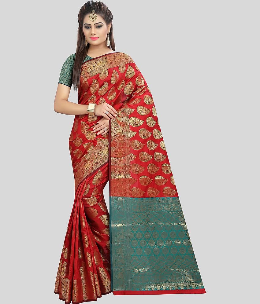 Gazal Fashions Banarasi Silk Embellished Saree With Unstitched Blouse Piece ( Red )