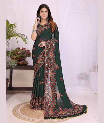TTH Georgette Printed Regular Saree With Unstitched Blouse Piece ( Green )