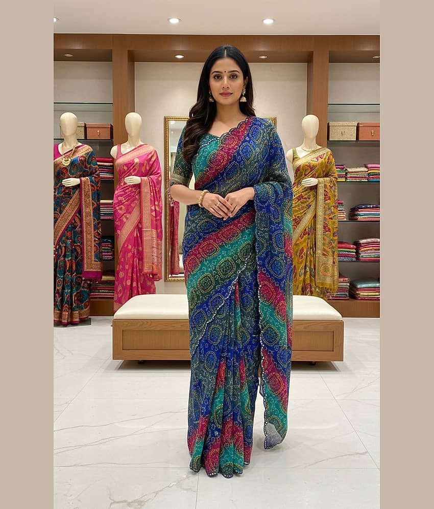 Aika Georgette Printed Regular Saree With Unstitched Blouse Piece ( Blue )