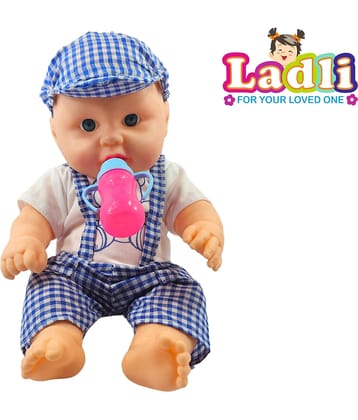 Little Soft Feel Smiling Teddy Boy in Printed Blue Dress Golu Baba Feeding Doll