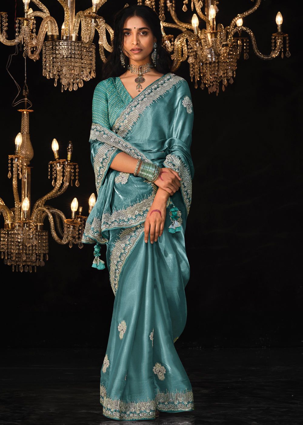 Sea Blue Woven Embroidered Designer Tissue Silk Saree