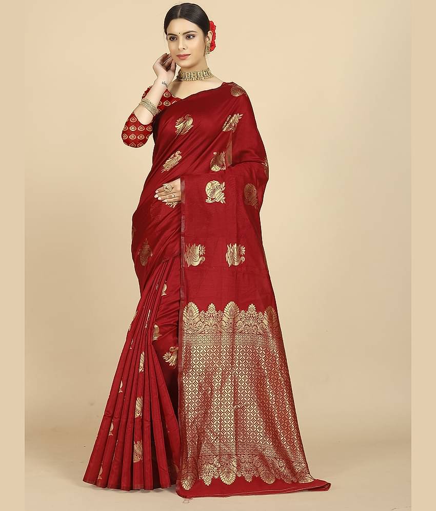 BLEESBURY Banarasi Silk Self Design Saree With Unstitched Blouse Piece ( Pink )