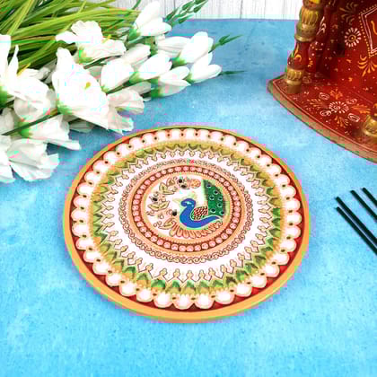 Marble Pooja Thali - Heavy Peacock Design - For Aarti, Puja, Weddings & Festivals - 9 Inch