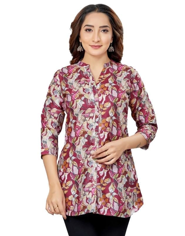 Women's Cotton Blend Mandarin Collar 3/4 Sleeves Short Top (Burgundy, S)-PID56231
