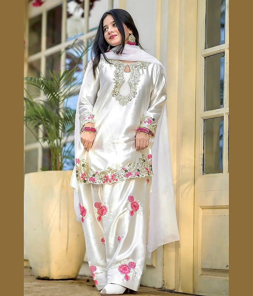 kedar fab Women Silk Embroidered Straight Kurti With Salwar ( White )
