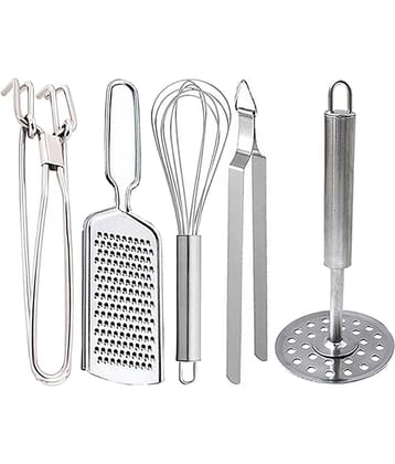 OC9 Silver Stainless Steel Pakkad+Cheese Grater+Whisk+Chimta+Masher ( Set of 5 )