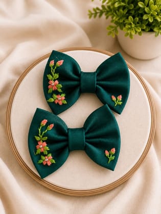 Hand-Embroidered Bottle Green Hairbow Set (4-inch, Pair) | Floral Motif | Festive Hair Accessory Hand-Embroidered Bottle Green Hairbow Set (4-inch, Pair) | Floral Motif | Festive Hair Accessory