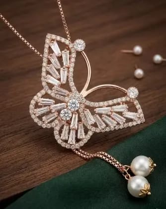 Rose Gold Plated, Baguette CZ (Cubic Zirconia), Faux Pearl Drops, Crystal Butterfly.