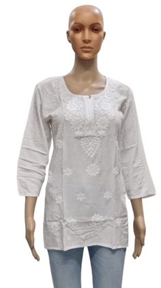 MRS RIGHT COMPUTERIZED CHIKANKARI EMBROIDERED WHITE SHORT TOP KURTI