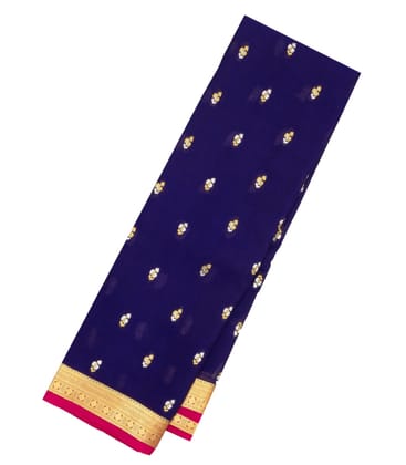Navy Blue Mysore Silk Saree With Floral Buttas & Magenta Border-MS2966-Navy Blue