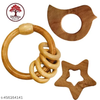Neem Wooden Baby Ring Rattle with Bird & Star Teether Natural & Safe for Babies Neem Wooden Baby Ring Rattle with Bird & Star Teether Natural & Safe for Babies