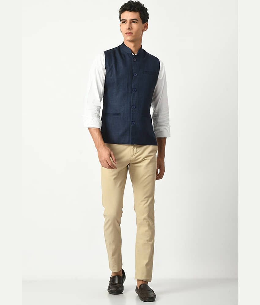 IndiWeaves Navy Blue Cotton Blend Men's Nehru Jacket ( Pack of 1 )