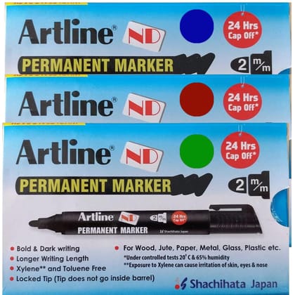 Artline ND Permanent Marker Pack of 10 (Blue, Red, Green Colours) | For Writing On Various Surfaces Such As Paper, Cardboard, Plastic, Metal, Glass, & More