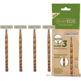 SHAVECO Bamboo Disposable Razor for Men, 3 Blades with Pivot Head And Lubricating Strip, Pack of 4