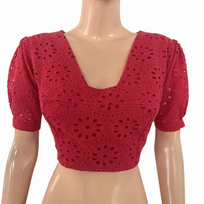 Hakoba Cutwork Cotton Back Open Blouse with Triangle Cut in Back, Puff Sleeves  and Lining, Hot Pink , BW1175-S