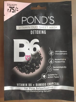 Pond's Vitamin duo sheet mask Detoxing B6 100% bamboo Charcoal fabric Alcohol free & Paraben free All skin types Vitamin b6+ bamboo charcoal 