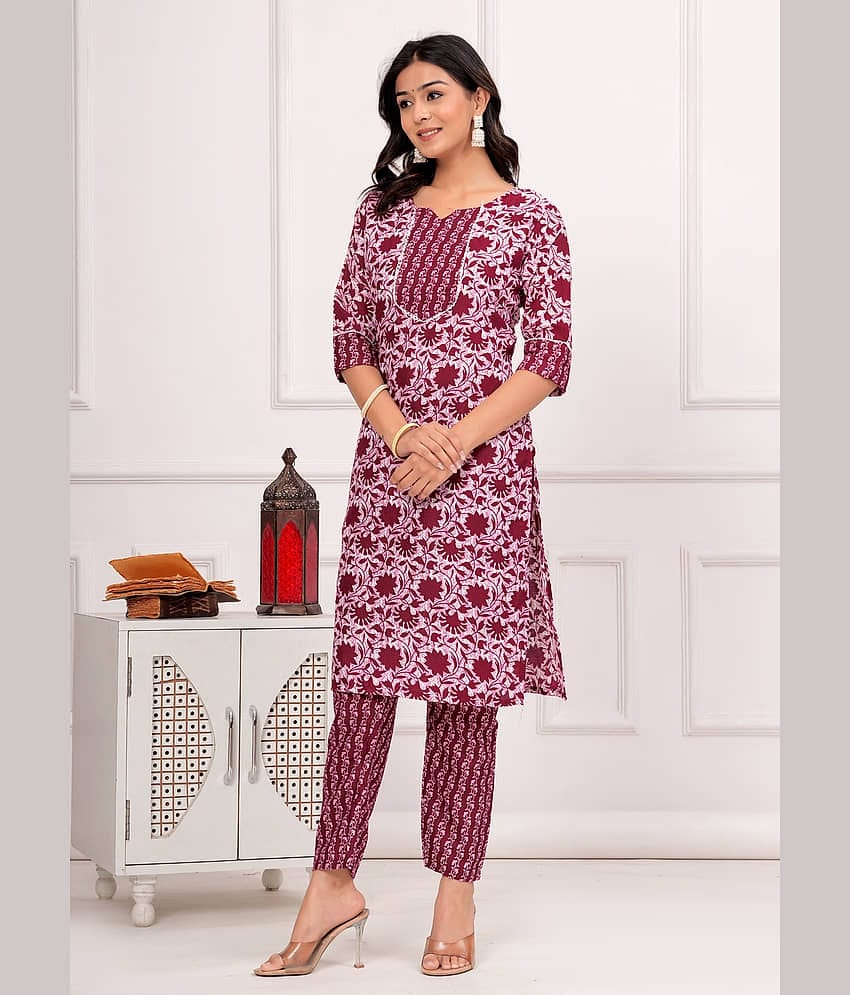 YAGNIK FASHION Women Cotton Printed Straight Kurti With Pants ( Maroon )