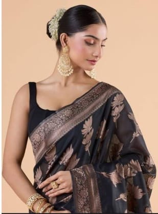 Women's Silk Printed Saree With Unstitched Blouse 5.5Mtr (Black)-PID60201
