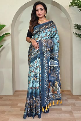 Light Sky Blue Kalamkari Printed Cotton Saree