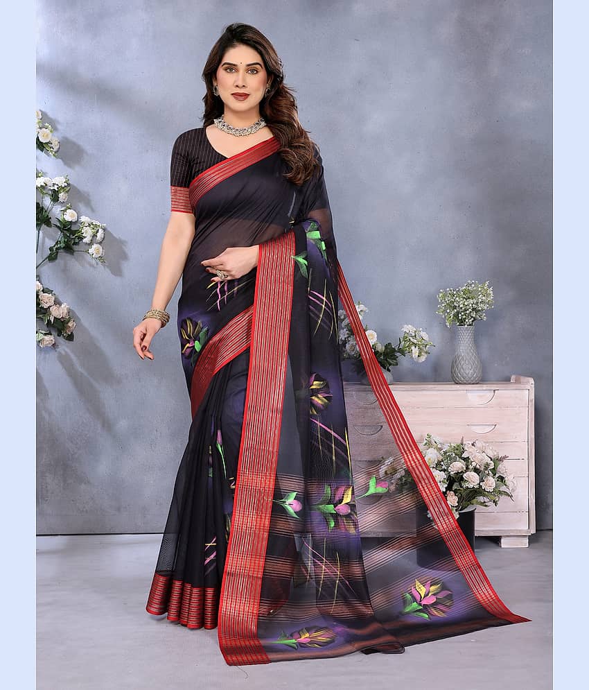 Sidhidata Cotton Blend Printed Chanderi saree With Unstitched Blouse Piece ( Black )