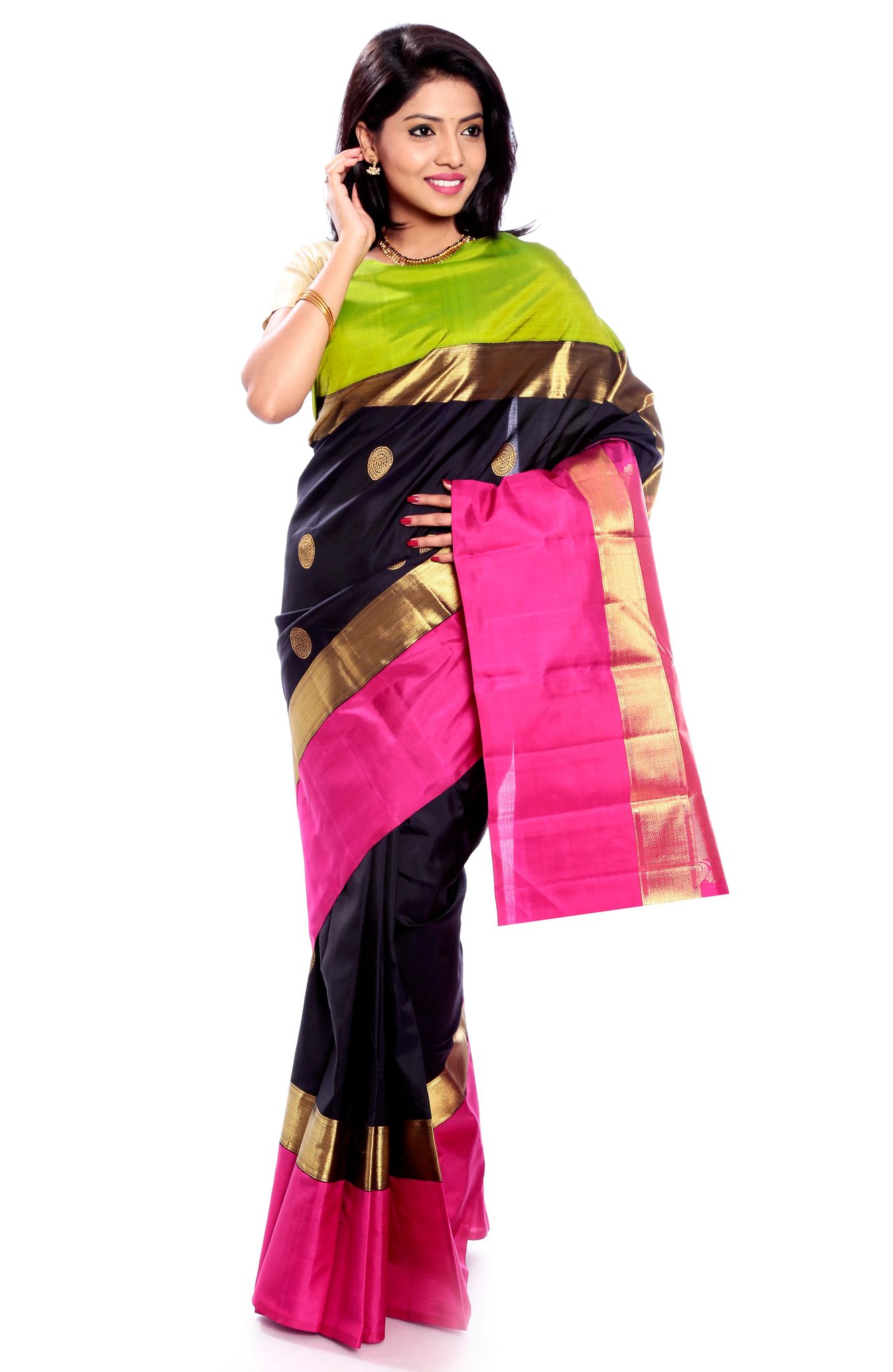 Black-Green-Pink Pure Zari Kanjivaram Silk Saree with Chakra Motifs | Indian Wedding Saree