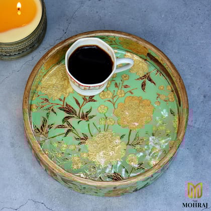 The Mohraj Green Floral Round MDF Trays with Resin Finish Set of 3  