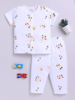 White Cotton Half Sleeves Typography Nightwear Set-3-6 m