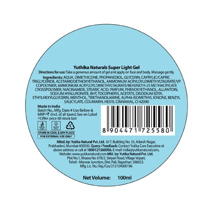 Yuthika Super Light Gel Face Moisturizer with Hyaluronic Acid 100ml, Face Gel Moisturizer for Combination & Oily Skin