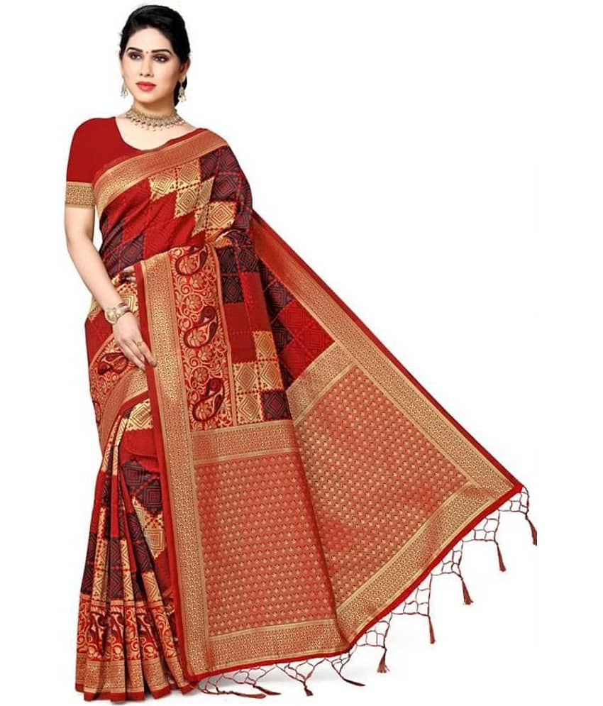 NENCY FASHION Banarasi Silk Self Design Saree With Unstitched Blouse Piece ( Red )