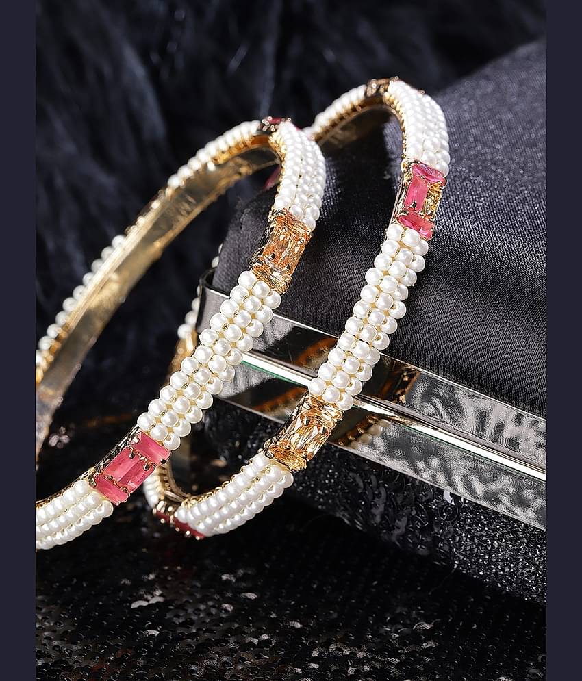 Priyaasi Designer Off White Gold Toned Pink And Golden Stone Studded Beaded Bangles For Women And Girls Set Of 2