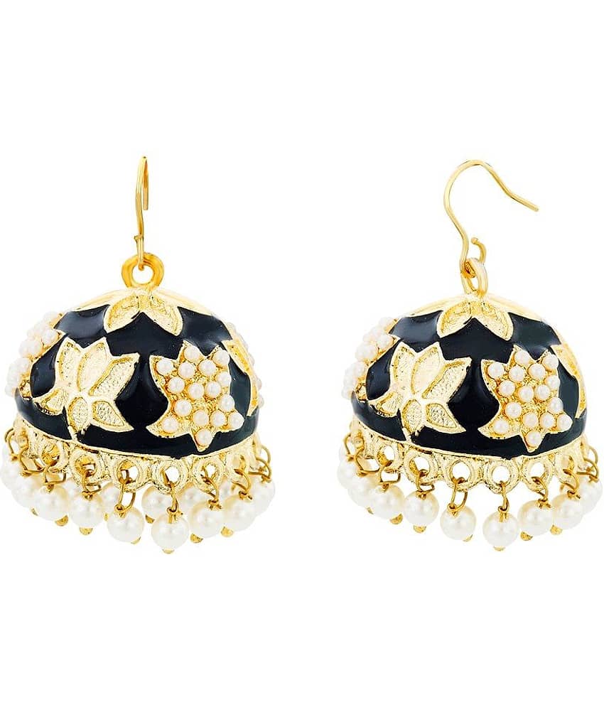 The Jewelbox Lotus Gold Plated Black Meenakari Jhumki Earring for Women
