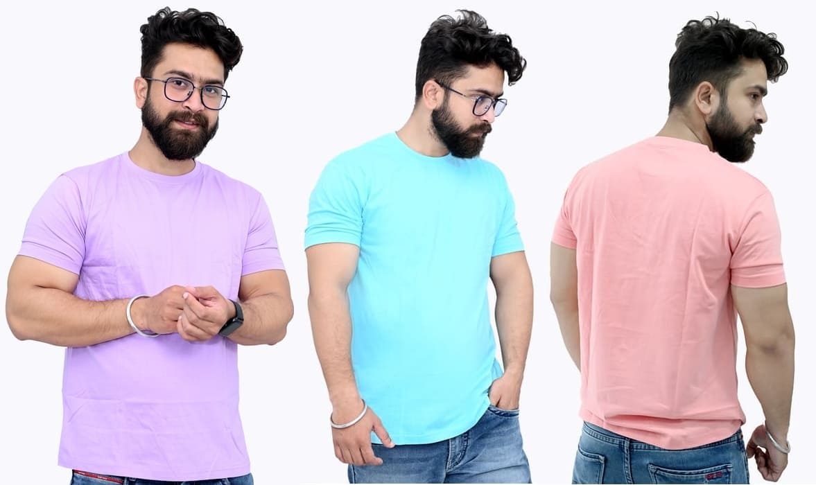 Tru Threads Solid Premium T-Shirt 3 Pcs Combo - Cyan, Lavender, Peach (Size-L)