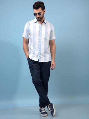 Blue Vertical Stripes 100% Cotton Shirt-M / Blue