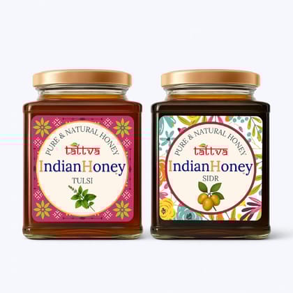 IndianHoney Sidr & Tulsi Honey Combo (Pack of 2) | Pure & Natural | 1kg (500g Each) | Unprocessed & Unfiltered Natural Sweetener