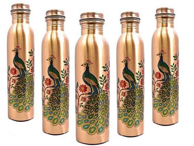 Imago  Peacock Printed Copper Bottle 1L (Pack of 5)