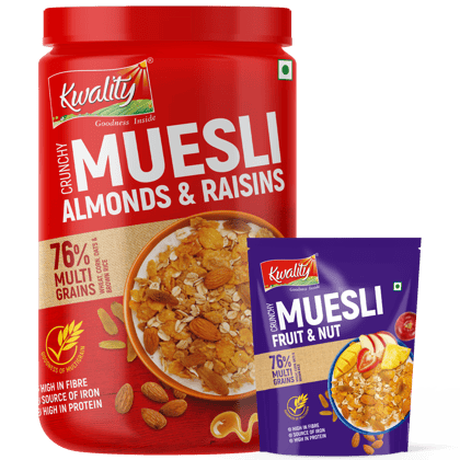 Kwality Muesli Crunchy Almond & Honey 1Kg Jar & Muesli Fruit N Nuts 75g Pouch