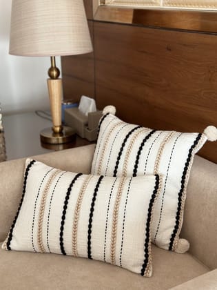 KRI India Dori Black & Ivory Cushion Cover|16x16 inches | White with black & ivory dori work  | Wash & Care | 100% Cotton | Handcrafted in India. 100% organic & natural.