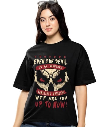 Trond Women Cotton Printed Oversized Fit Round Neck T-Shirt ( Black )