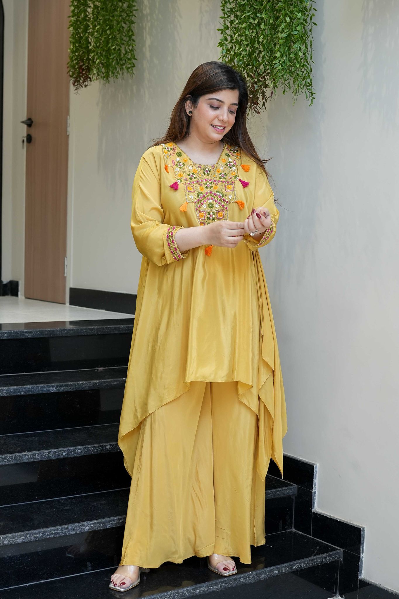 Saafi Yellow Embroidered Co ord Sets-L
