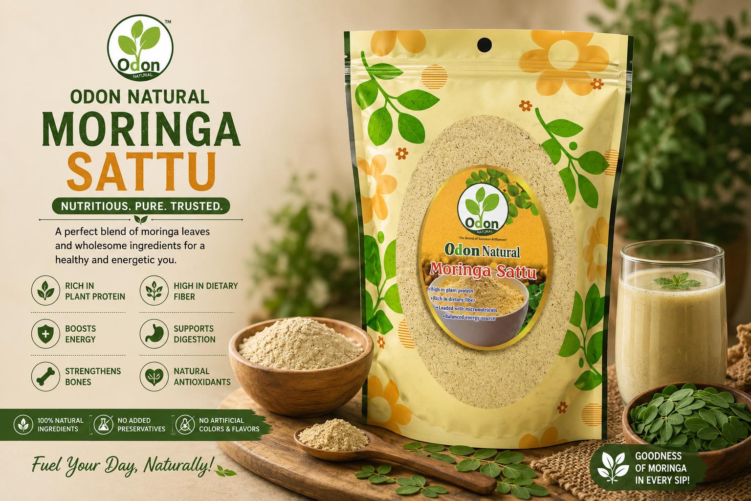 Odon Natural MORINGA SATTU Premix Powder | Ready-To-Drink Roasted Flour | Healthy Protein Sattu Drink | Quick Energy Booster | Vitamin and Fiber Rich Nutrition Drink-300g