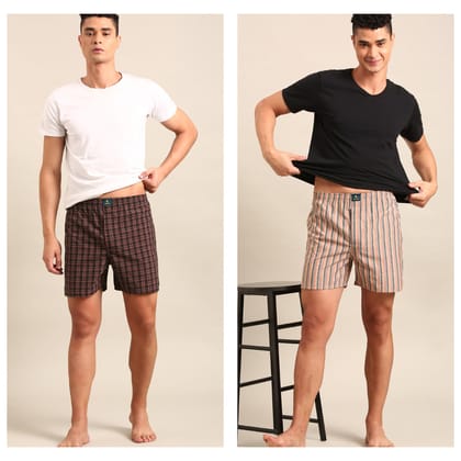 2 Pack Checked & Striped Cotton Boxers-L