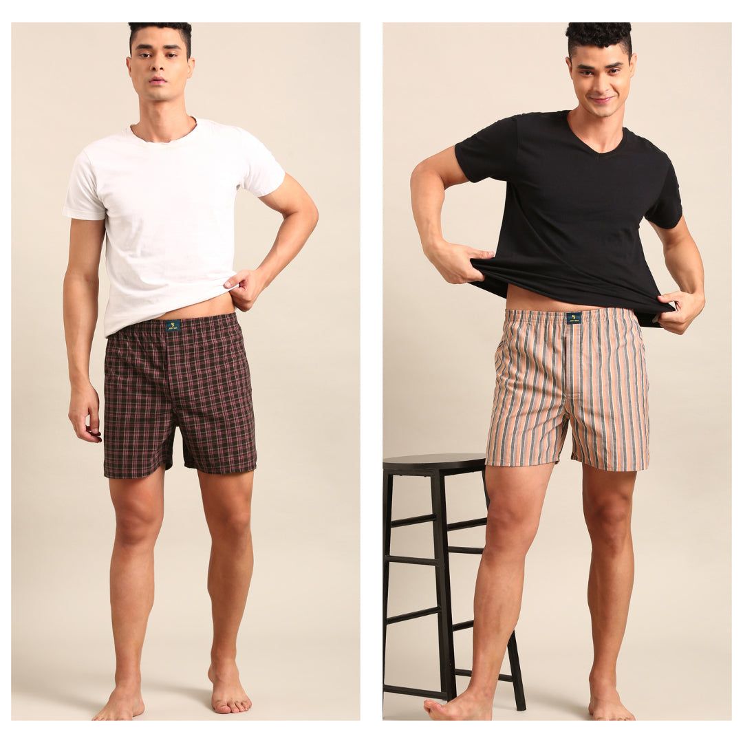 2 Pack Checked & Striped Cotton Boxers-L