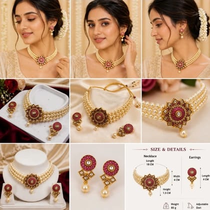 Premium 3Layer Pearl Floral Choker Set Pink Gold